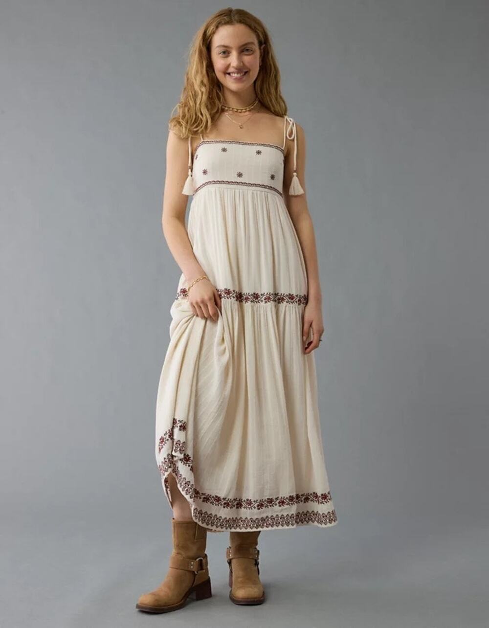 NWT American Eagle Empire Waist Embroidered Eyelet Midi Dress Cream Size L Boho